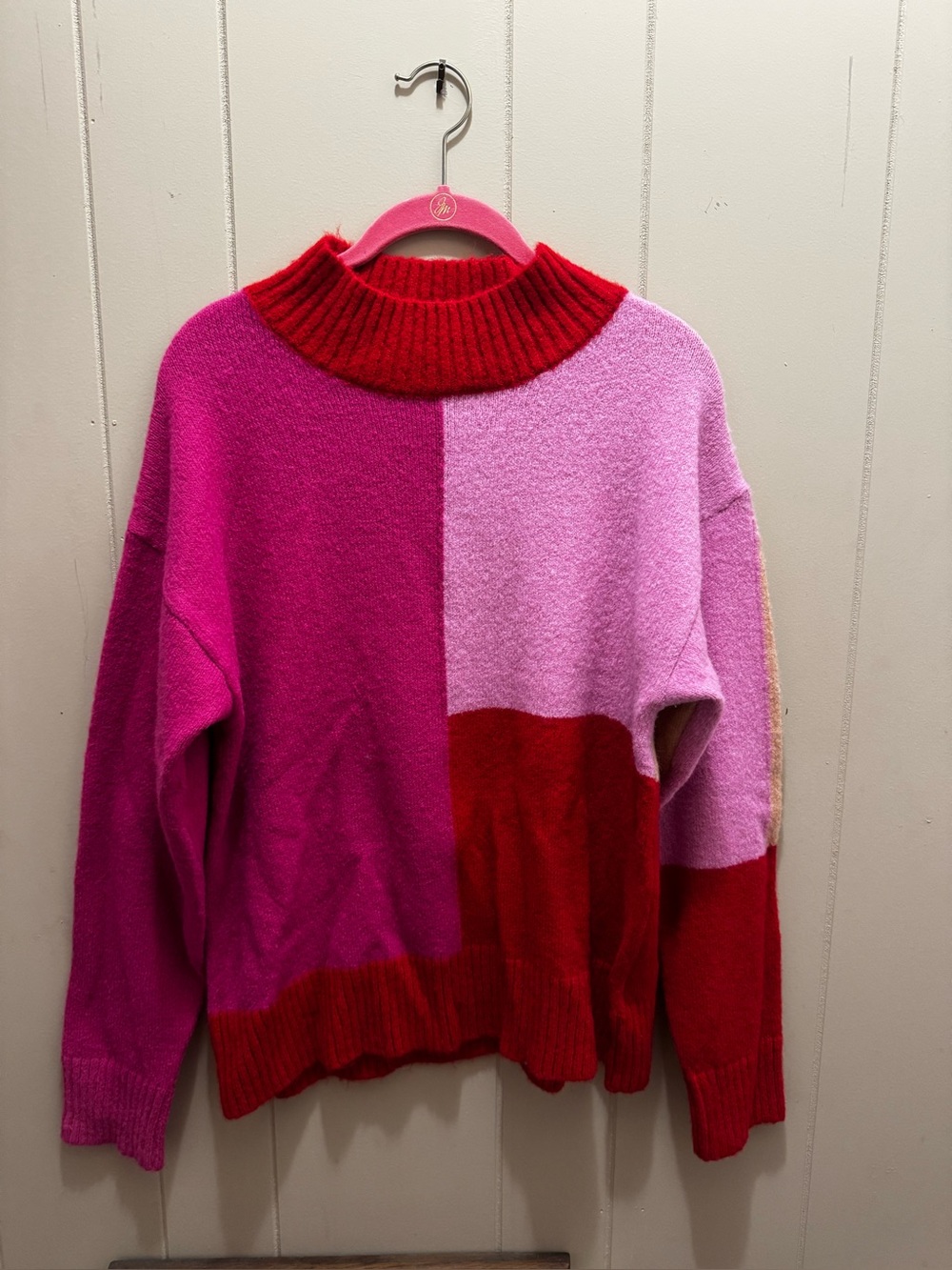 JODIFL Colorblock Turtleneck Sweater in Hot Pink & Red